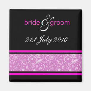 Hot Pink and Black Floral Damask Save The Date Magnet
