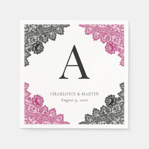 Hot Pink and Black Floral Lace Monogram Wedding Napkin