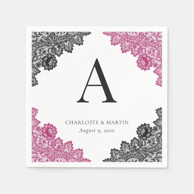 Hot Pink and Black Floral Lace Monogram Wedding Napkin (Front)