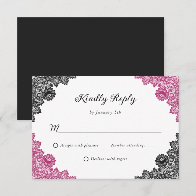 Hot Pink and Black Floral Lace Wedding RSVP Card (Front/Back)