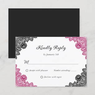 Hot Pink and Black Floral Lace Wedding RSVP Card
