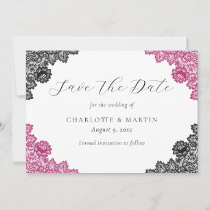 Hot Pink and Black Floral Lace Wedding Save The Date