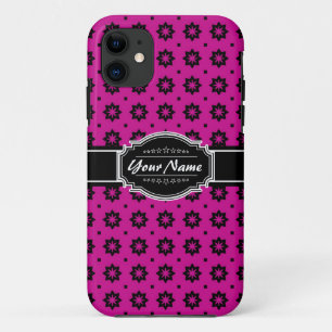 Hot Pink and Black Floral Tile Personalized iPhone 11 Case