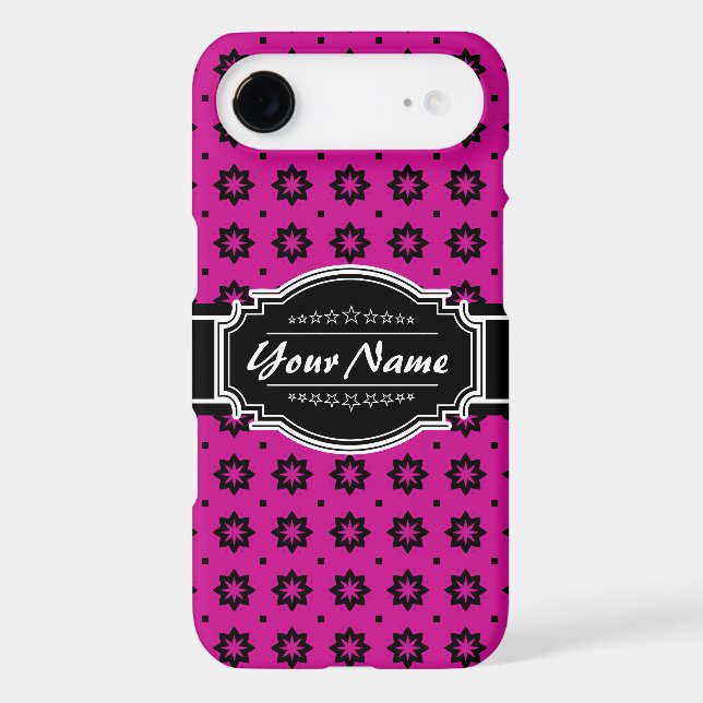 Hot Pink and Black Floral Tile Personalized Case-Mate iPhone Case (Back)