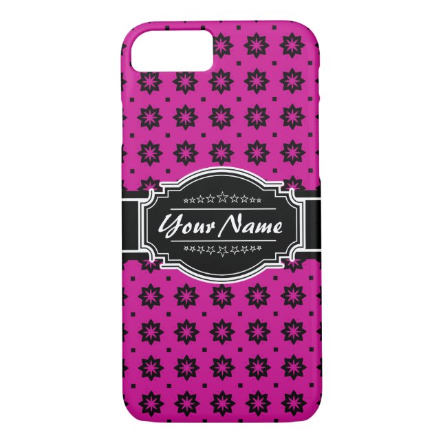 Hot Pink and Black Floral Tile Personalized Case-Mate iPhone Case (Back)
