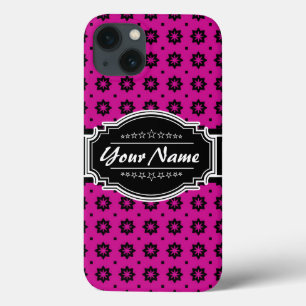 Hot Pink and Black Floral Tile Personalized iPhone 13 Case