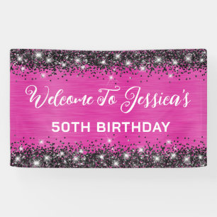 Hot Pink and Black Glitter 50th Birthday  Banner