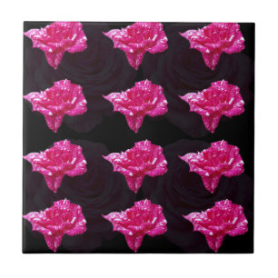 Hot Pink And Black Layer Rose Pattern, Tile