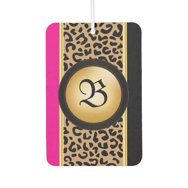 Hot Pink and Black Leopard Animal Print | Monogram Air Freshener (Front)