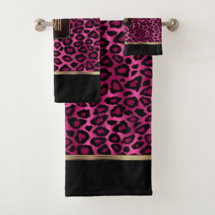 Hot Pink and Black Leopard Pattern with Monogram Bath Towel Set