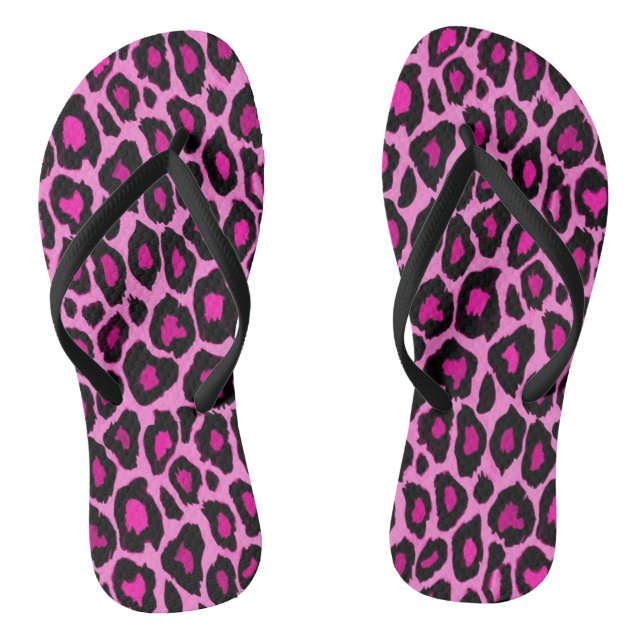 Hot Pink and Black Leopard Print Flip Flops (Footbed)