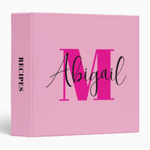 Hot Pink and Black Modern Monogram Light Recipe Binder