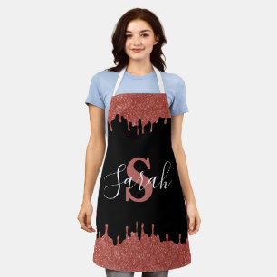Hot Pink and Black Monogram Glitter Drips Apron