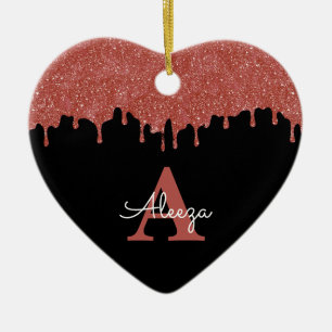 Hot Pink and Black Monogram Glitter Drips Ceramic Ornament