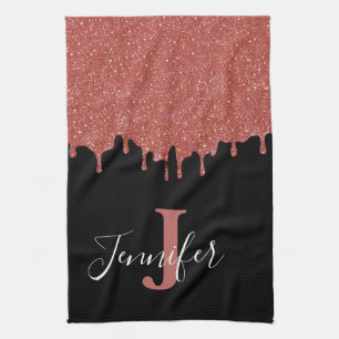 Hot Pink and Black Monogram Glitter Drips Kitchen Towel