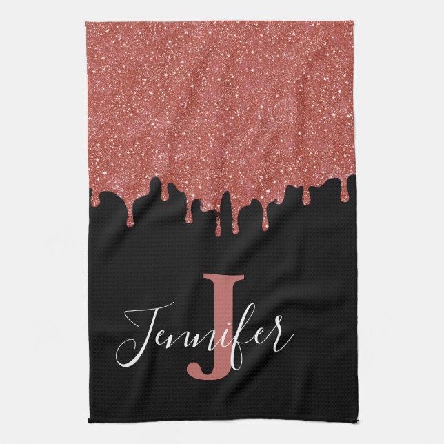 Hot Pink and Black Monogram Glitter Drips Kitchen Towel (Vertical)