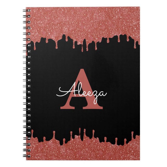 Hot Pink and Black Monogram Glitter Drips Notebook (Front)