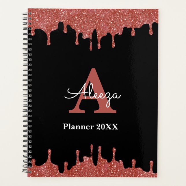 Hot Pink and Black Monogram Glitter Drips Planner (Front)