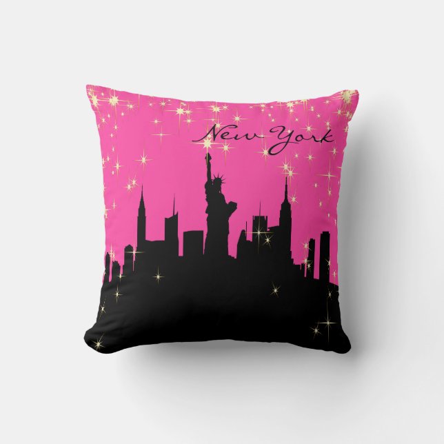 Hot Pink and Black New York Skyline Throw Pillow (Front)