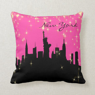 Hot Pink and Black New York Skyline Throw Pillow