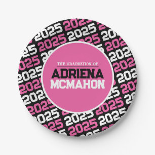Hot Pink and Black Personalized Graduation Paper Plate