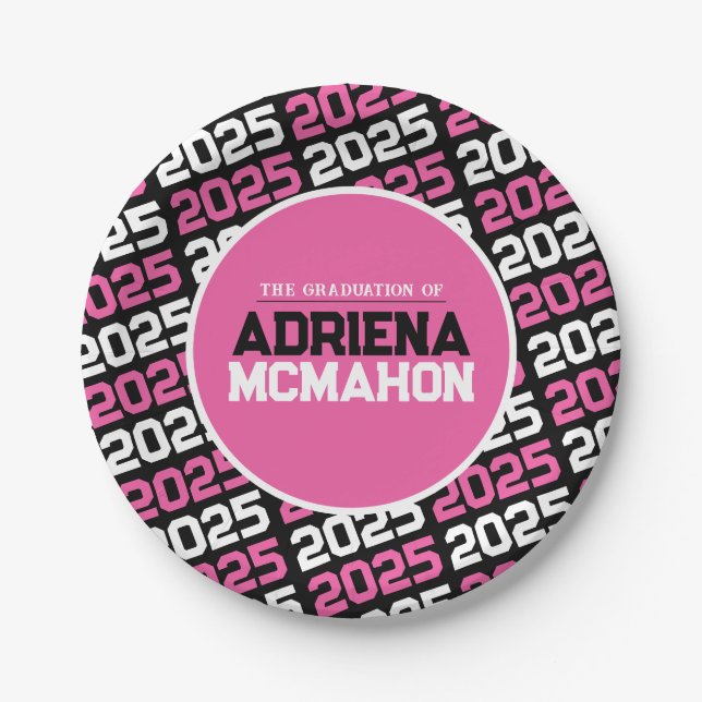 Hot Pink and Black Personalized Graduation Paper Plate (Front)
