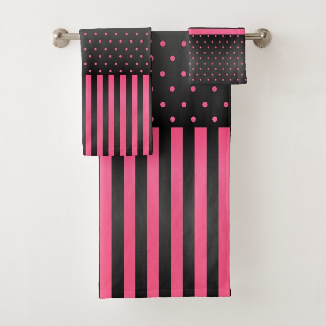 Hot Pink and Black Polka Dots and Stripes Bath Towel Set (Insitu)