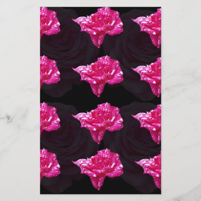 Hot Pink And Black Rose Pattern, Stationery (Front)