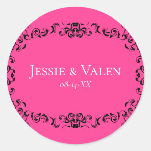 Hot Pink and Black Swirl Gothic Wedding Classic Round Sticker