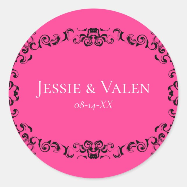 Hot Pink and Black Swirl Gothic Wedding Classic Round Sticker (Front)