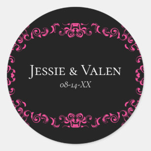 Hot Pink and Black Swirl Gothic Wedding Classic Round Sticker