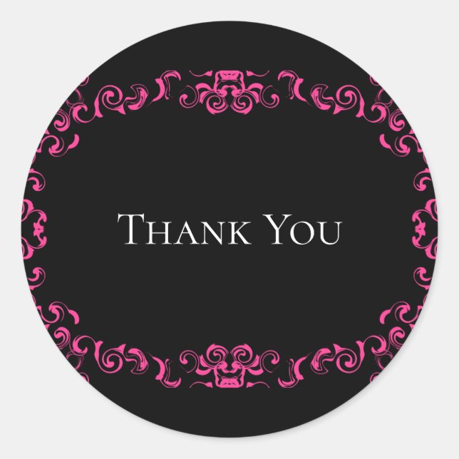 Hot Pink and Black Swirl Gothic Wedding Classic Round Sticker (Front)