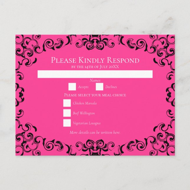 Hot Pink and Black Swirl Gothic Wedding Holiday Postcard (Front)