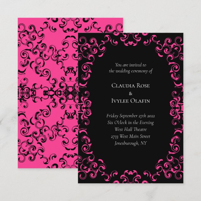 Hot Pink and Black Swirl Gothic Wedding Invitation (Front/Back)