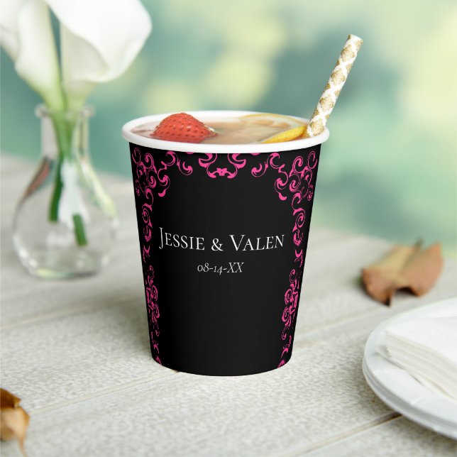 Hot Pink and Black Swirl Gothic Wedding Paper Cups (Insitu)