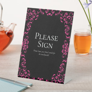 Hot Pink and Black Swirl Gothic Wedding Pedestal Sign