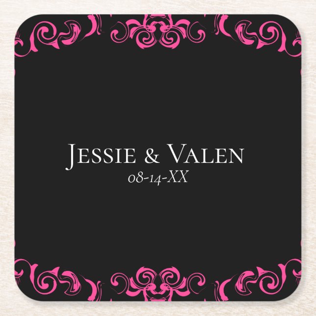 Hot Pink and Black Swirl Gothic Wedding Square Paper Coaster (Front)