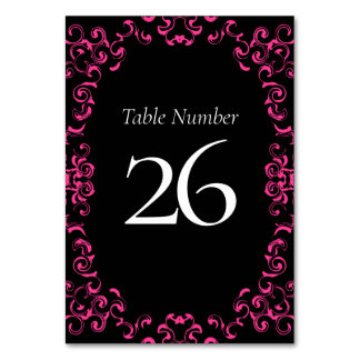 Hot Pink and Black Swirl Gothic Wedding Table Number