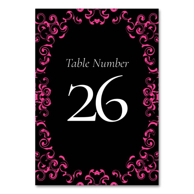 Hot Pink and Black Swirl Gothic Wedding Table Number (Back)