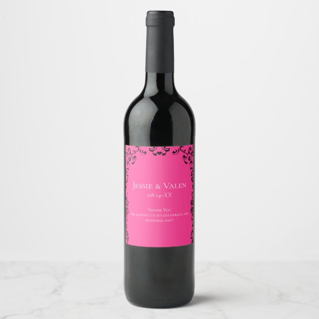 Hot Pink and Black Swirl Gothic Wedding Wine Label (Front)