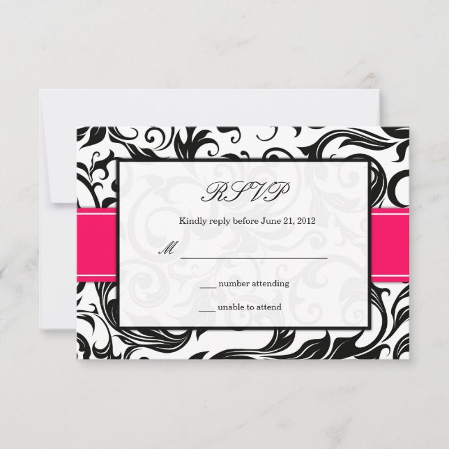 Hot Pink and Black Swirl Wedding RSVP (Front)