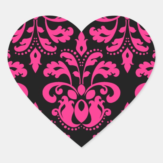 Hot pink and black vintage victorian damask heart heart sticker