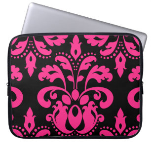 Hot pink and black vintage victorian damask laptop sleeve