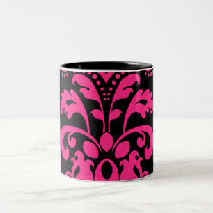 Hot pink and black vintage victorian damask Two-Tone coffee mug
