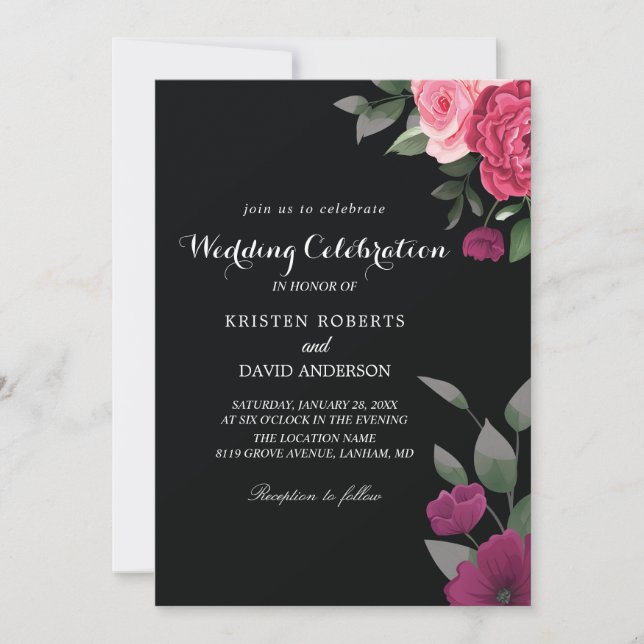 hot pink and black wedding invitations (Front)