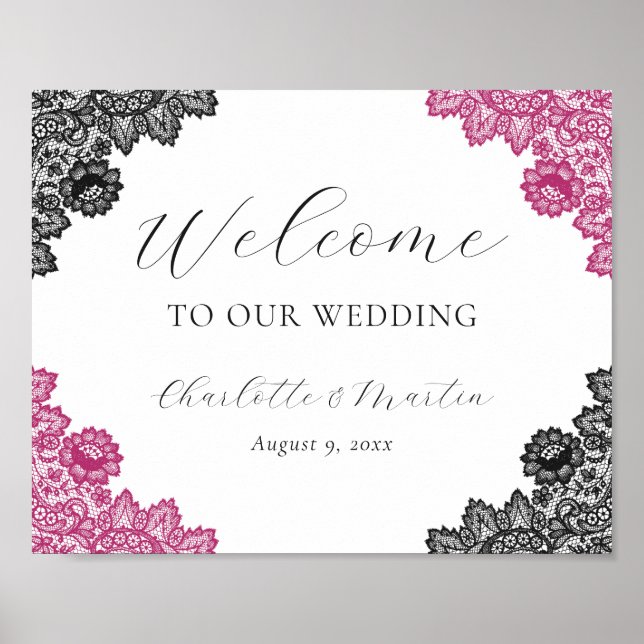 Hot Pink and Black Wedding Welcome Sign (Front)