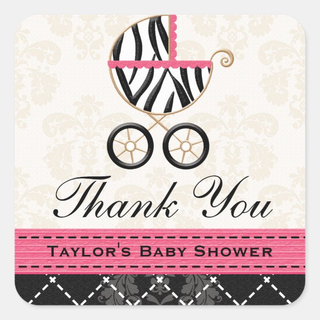Hot Pink and Black Zebra Baby Carriage Thank You Square Sticker (Front)