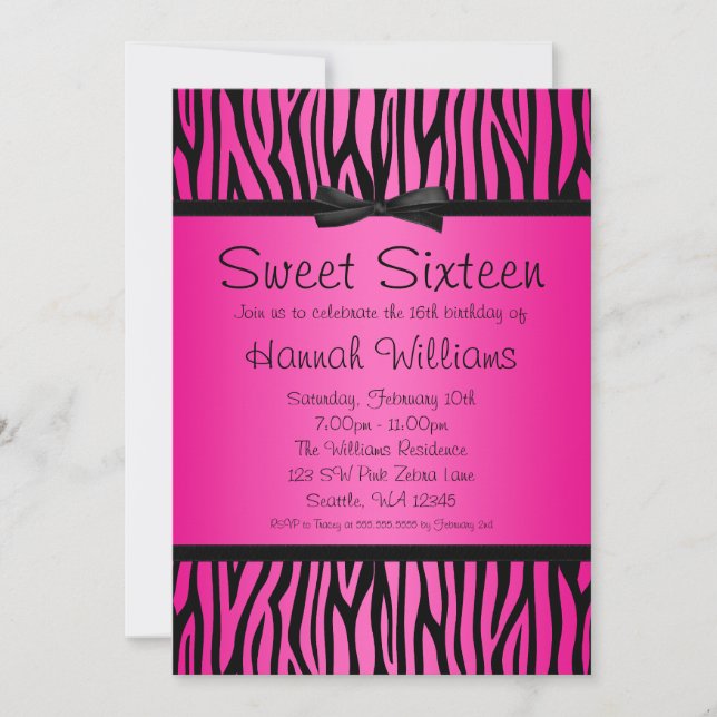Hot Pink and Black Zebra Bow Sweet 16 Birthday Invitation (Front)
