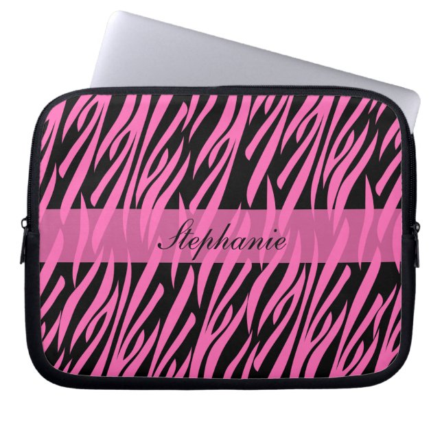 Hot Pink and Black Zebra Print Laptop Sleeve (Front)