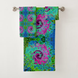 Hot Pink and Blue Groovy Abstract Retro Swirl Bath Towel Set